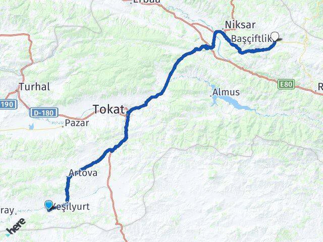 Tokat Yeşilyurt Başçiftlik Arası Kaç Km - Yol Haritası
