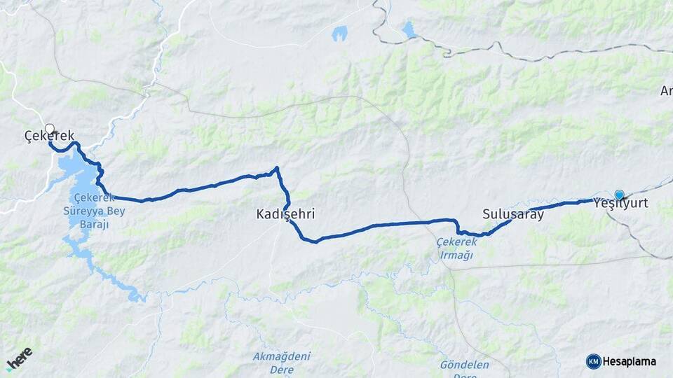 Tokat Yeşilyurt Çekerek Yozgat Arası Kaç Km - Yol Haritası