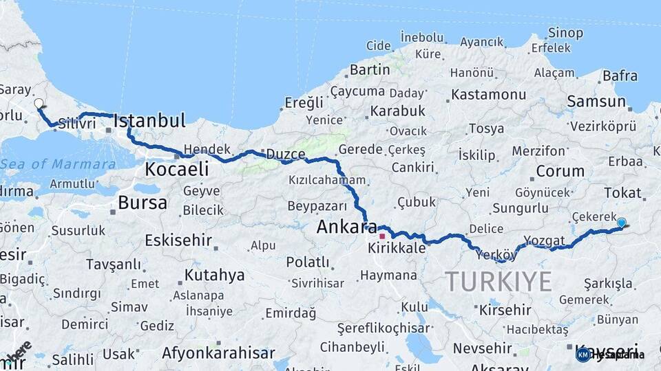 Tokat Yeşilyurt Çerkezköy Tekirdağ Arası Kaç Km - Yol Haritası