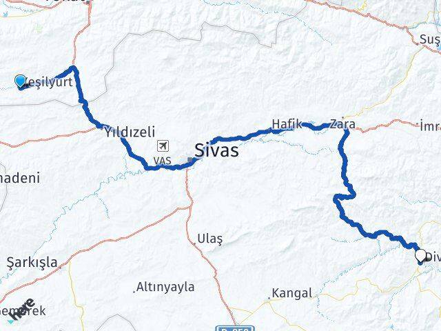 Tokat Yeşilyurt Divriği Sivas Arası Kaç Km - Yol Haritası
