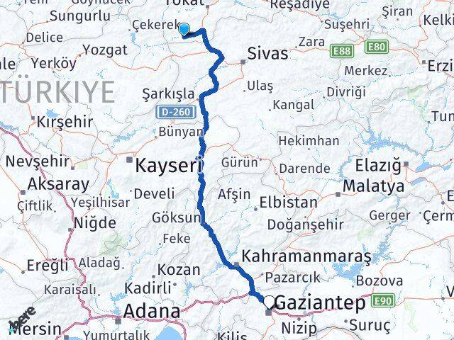 Tokat Yeşilyurt Gaziantep Arası Kaç Km - Yol Haritası