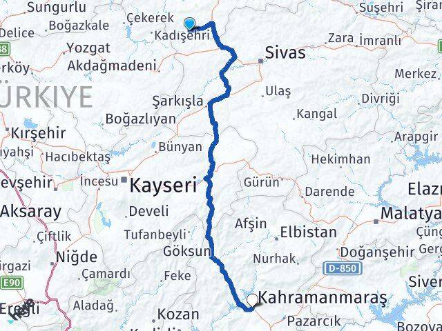 Tokat Yeşilyurt Kahramanmaraş Arası Kaç Km - Yol Haritası