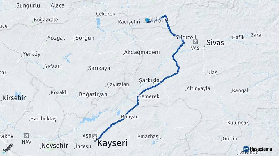 Tokat Yeşilyurt Kayseri Arası Kaç Km - Yol Haritası