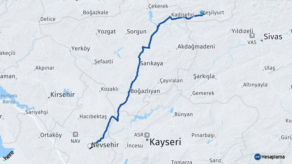 Tokat Yeşilyurt Nevşehir Arası Kaç Km - Yol Haritası