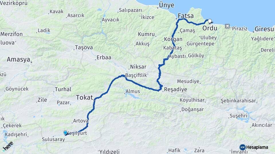 Tokat Yeşilyurt Ordu Arası Kaç Km - Yol Haritası
