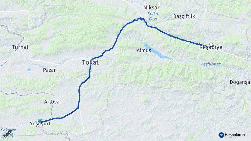 Tokat Yeşilyurt Reşadiye Arası Kaç Km - Yol Haritası