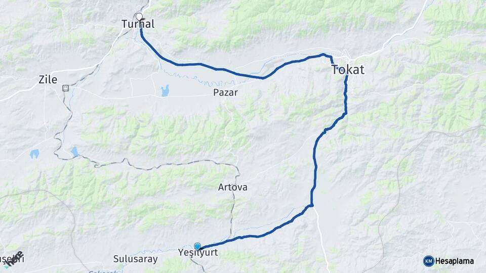 Tokat Yeşilyurt Turhal Arası Kaç Km - Yol Haritası