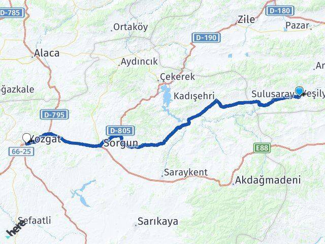 Tokat Yeşilyurt Yozgat Arası Kaç Km - Yol Haritası