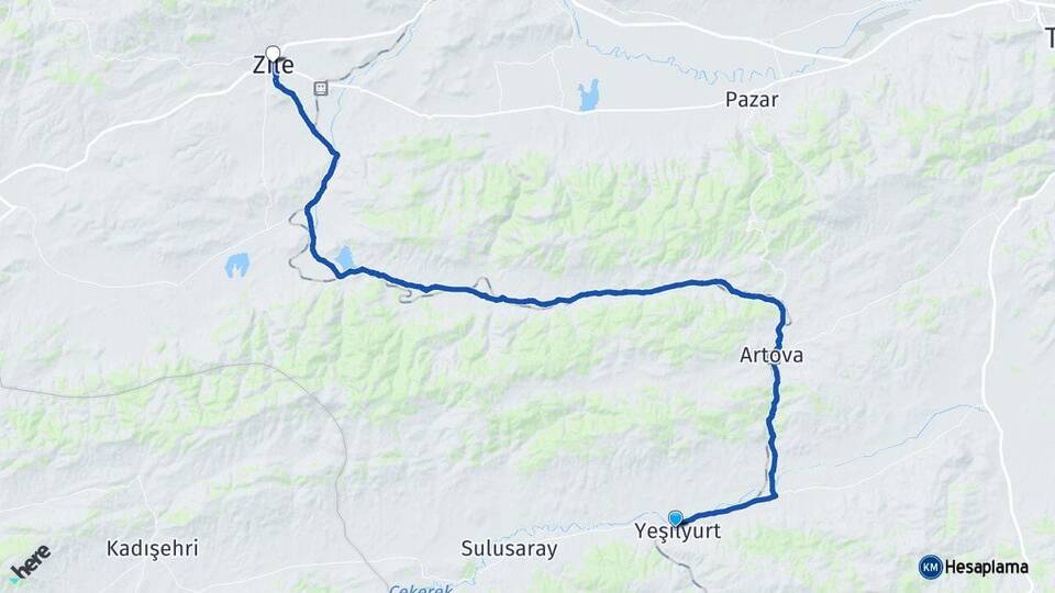 Tokat Yeşilyurt Zile Arası Kaç Km - Yol Haritası
