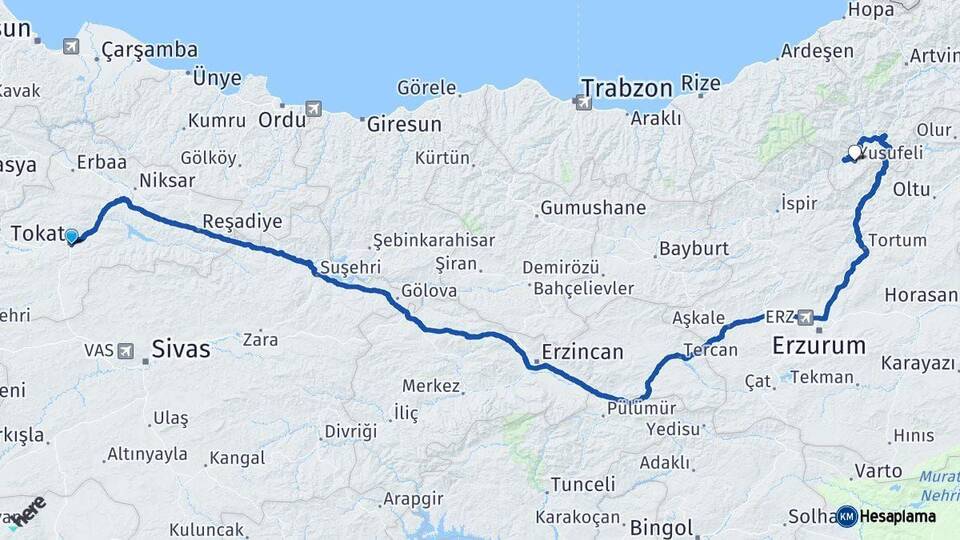 Tokat Yusufeli Artvin Arası Kaç Km - Yol Haritası
