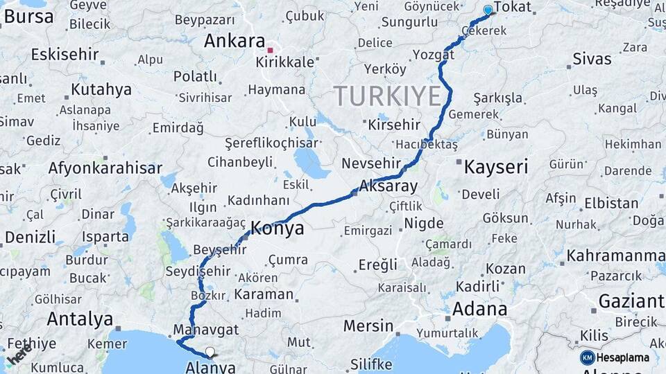 Tokat Zile Alanya Antalya Arası Kaç Km - Yol Haritası