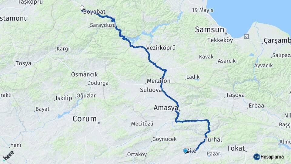 Tokat Zile Boyabat Sinop Arası Kaç Km - Yol Haritası