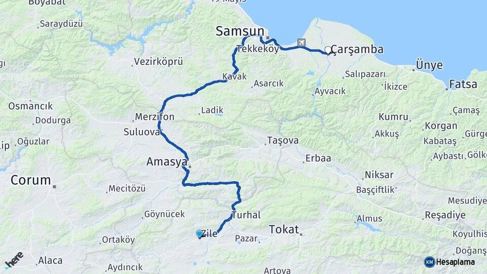 Tokat Zile Çarşamba Samsun Arası Kaç Km - Yol Haritası