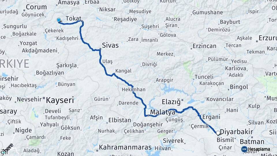 Tokat Zile Diyarbakır Arası Kaç Km - Yol Haritası