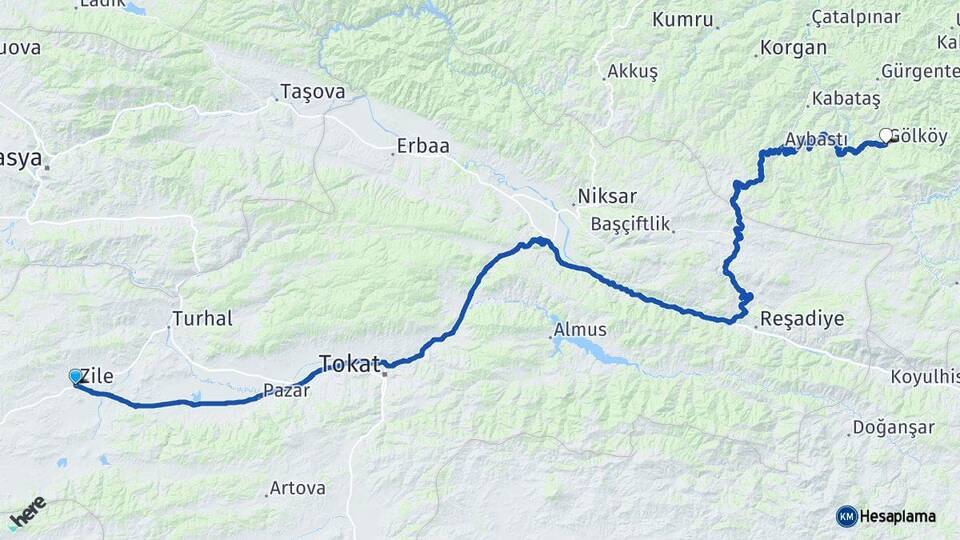 Tokat Zile Gölköy Ordu Arası Kaç Km - Yol Haritası