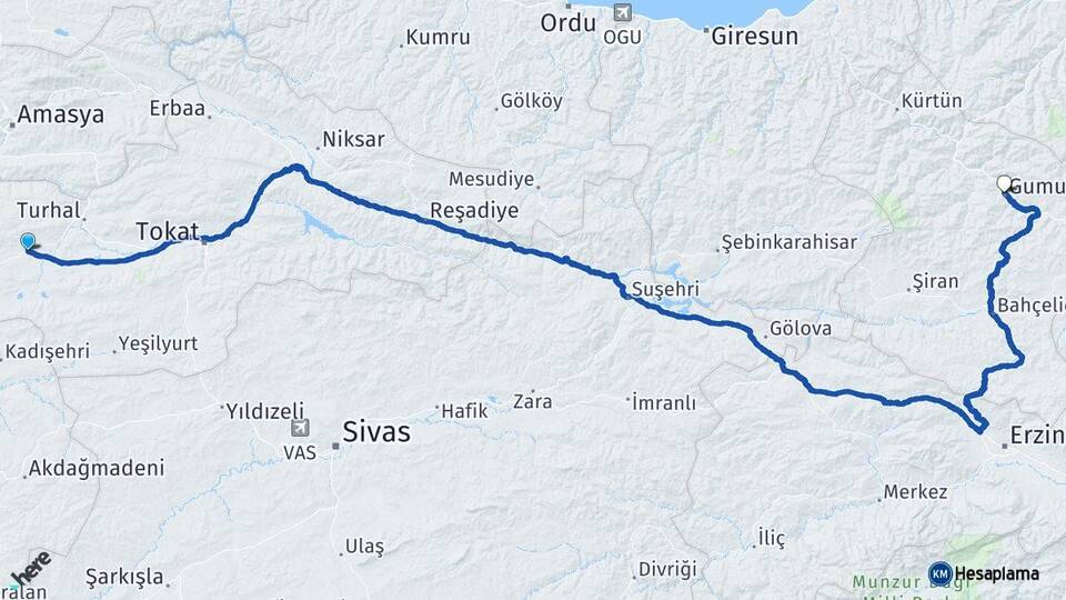 Tokat Zile Gümüşhane Arası Kaç Km - Yol Haritası