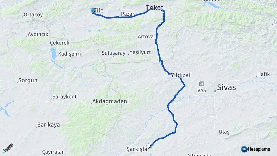 Tokat Zile Şarkışla Sivas Arası Kaç Km - Yol Haritası