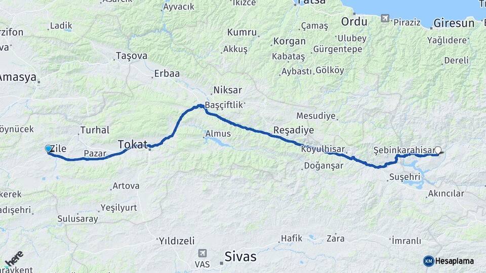 Tokat Zile Şebinkarahisar Giresun Arası Kaç Km - Yol Haritası