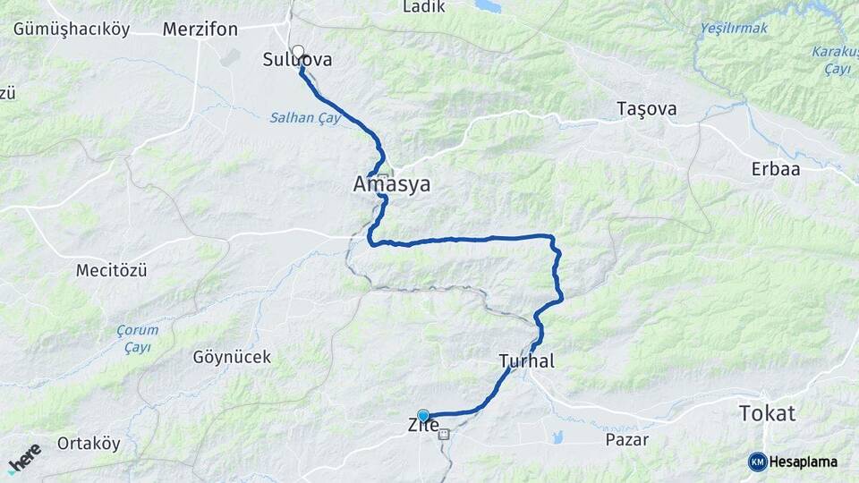 Tokat Zile Suluova Amasya Arası Kaç Km - Yol Haritası
