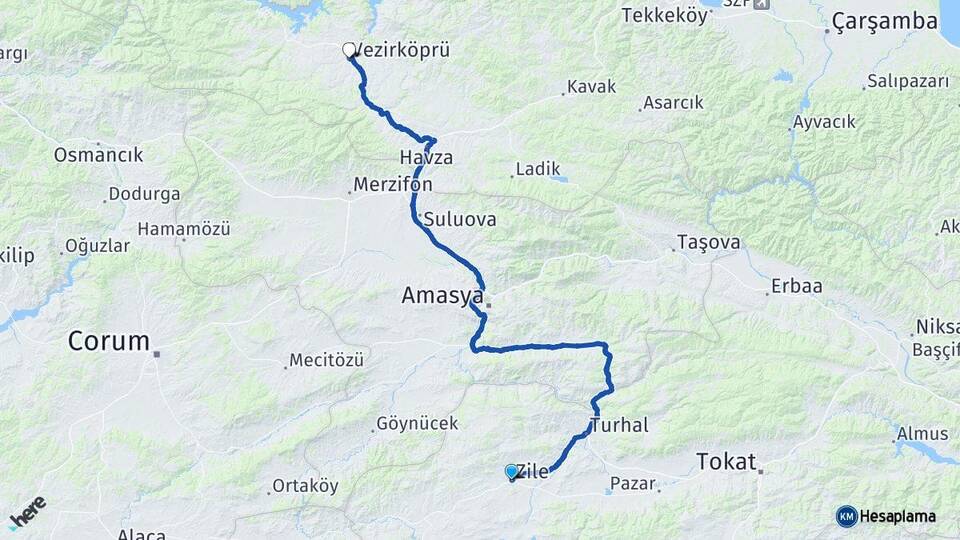 Tokat Zile Vezirköprü Samsun Arası Kaç Km - Yol Haritası