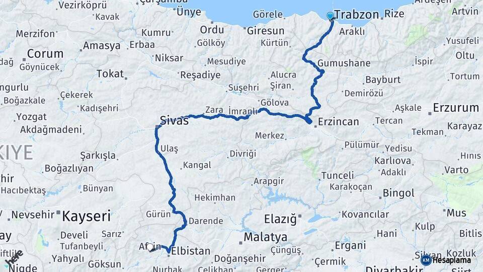 Trabzon Afşin Kahramanmaraş Arası Kaç Km - Yol Haritası