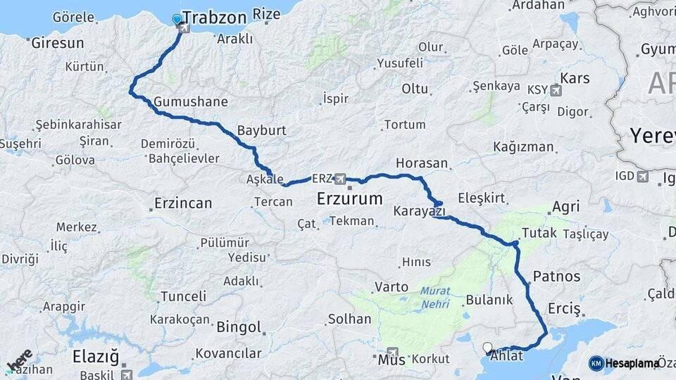 Trabzon Ahlat Bitlis Arası Kaç Km - Yol Haritası