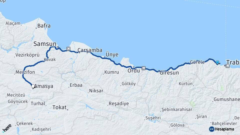 Trabzon Akçaabat Amasya Arası Kaç Km - Yol Haritası