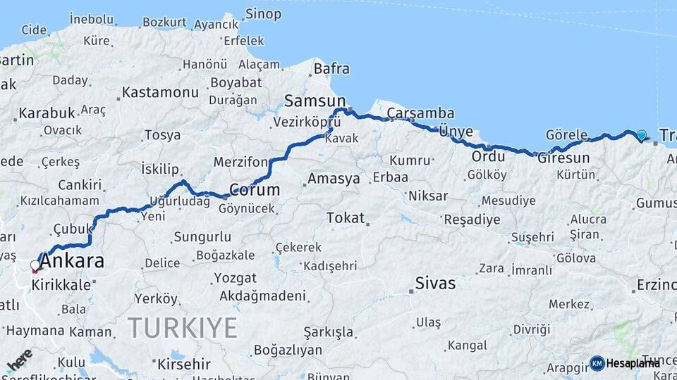 Trabzon Akçaabat Ankara Arası Kaç Km - Yol Haritası