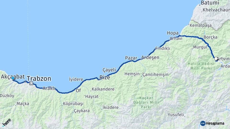 Trabzon Akçaabat Artvin Arası Kaç Km - Yol Haritası