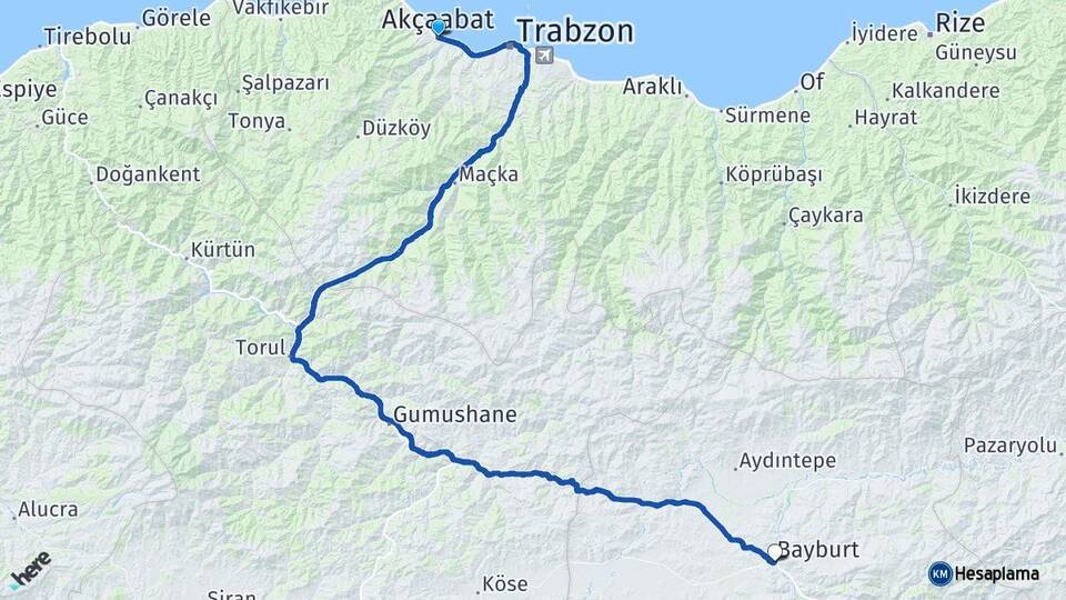 Trabzon Akçaabat Bayburt Arası Kaç Km - Yol Haritası
