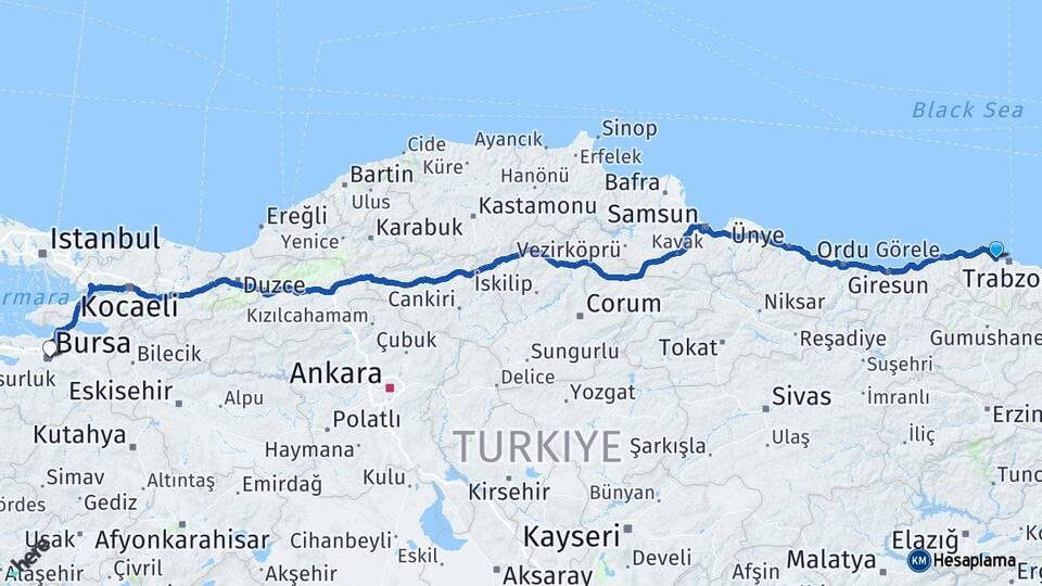 Trabzon Akçaabat Bursa Arası Kaç Km - Yol Haritası