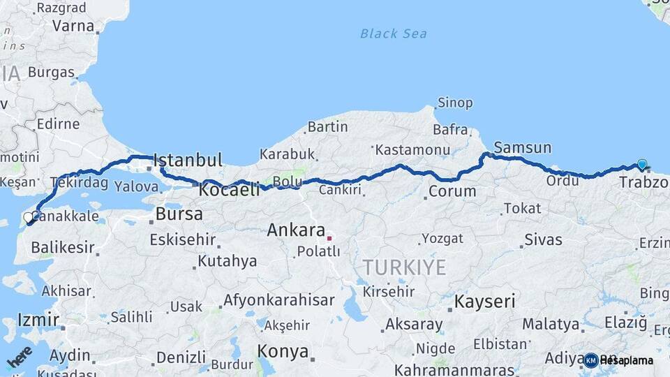 Trabzon Akçaabat Çanakkale Arası Kaç Km - Yol Haritası