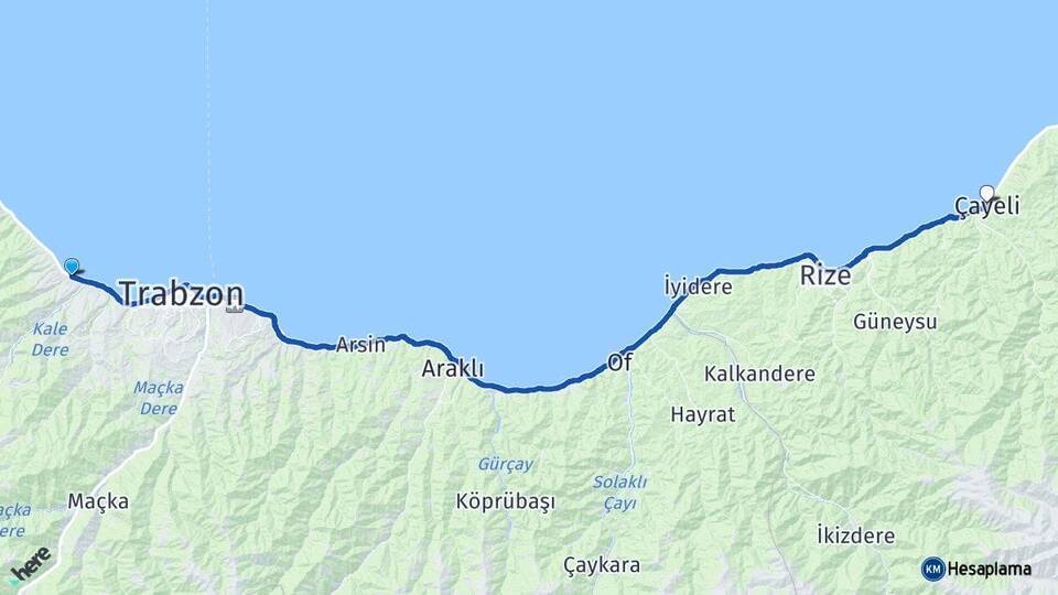 Trabzon Akçaabat Çayeli Rize Arası Kaç Km - Yol Haritası