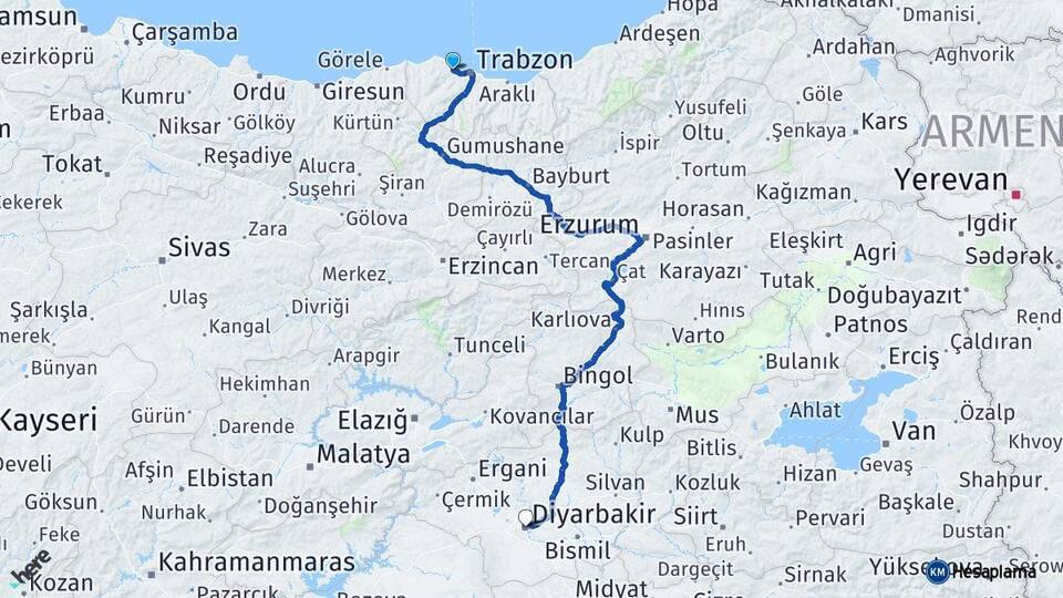 Trabzon Akçaabat Diyarbakır Arası Kaç Km - Yol Haritası