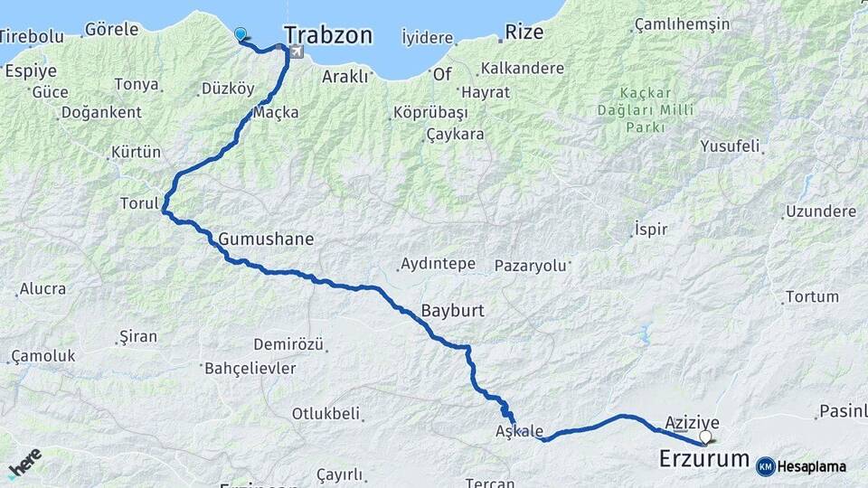 Trabzon Akçaabat Erzurum Arası Kaç Km - Yol Haritası