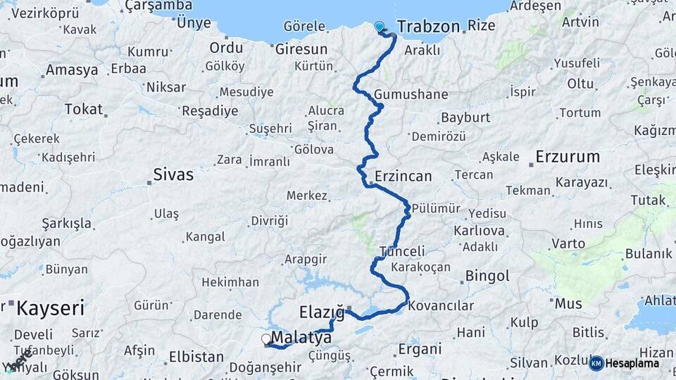 Trabzon Akçaabat Malatya Arası Kaç Km - Yol Haritası