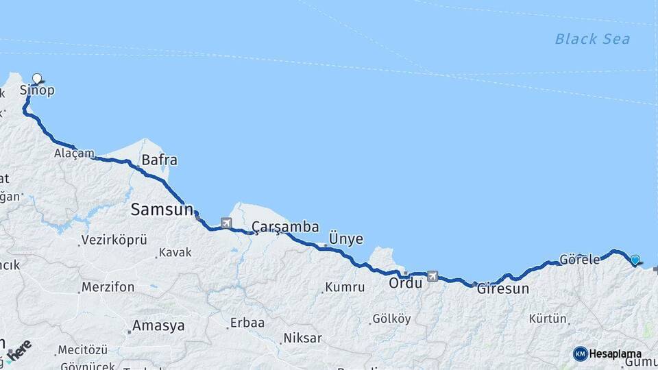 Trabzon Akçaabat Sinop Arası Kaç Km - Yol Haritası