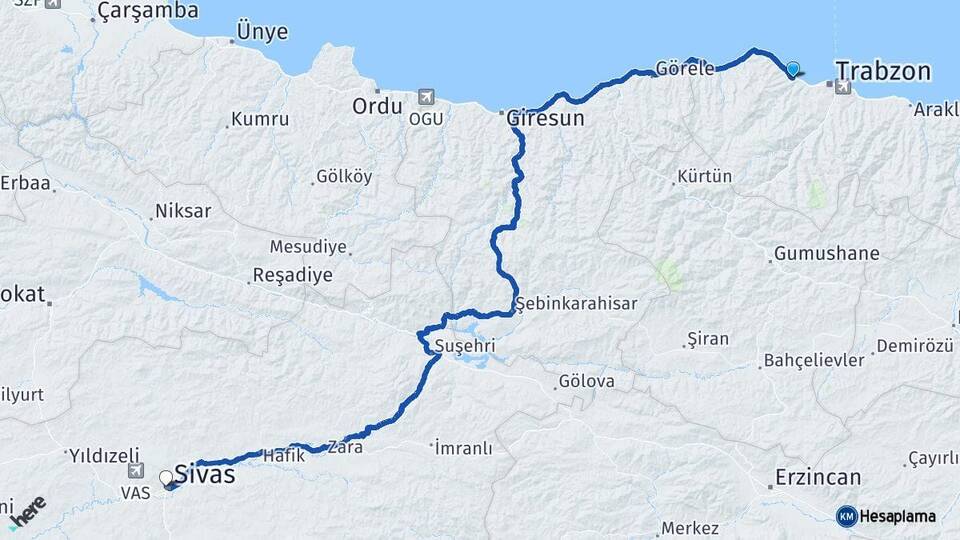 Trabzon Akçaabat Sivas Arası Kaç Km - Yol Haritası