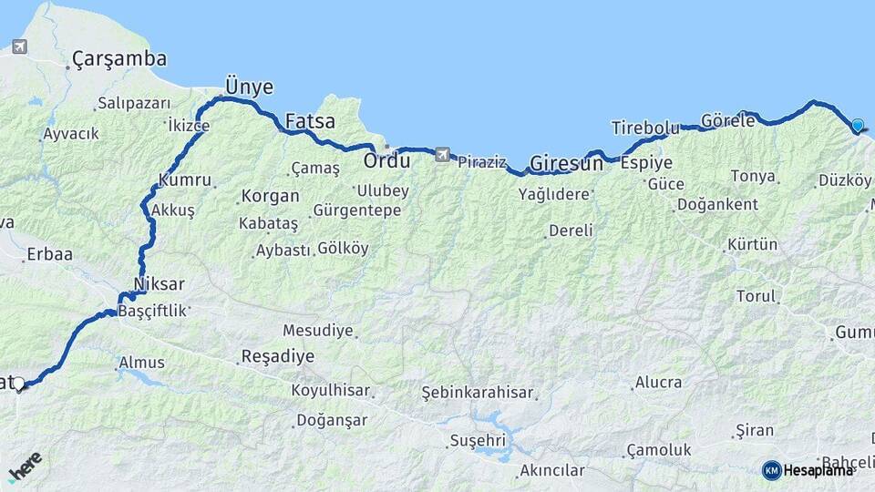 Trabzon Akçaabat Tokat Arası Kaç Km - Yol Haritası