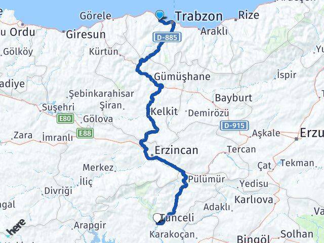Trabzon Akçaabat Tunceli Arası Kaç Km - Yol Haritası