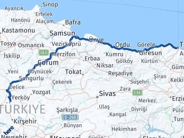 Trabzon Akçakent Kırşehir Arası Kaç Km - Yol Haritası