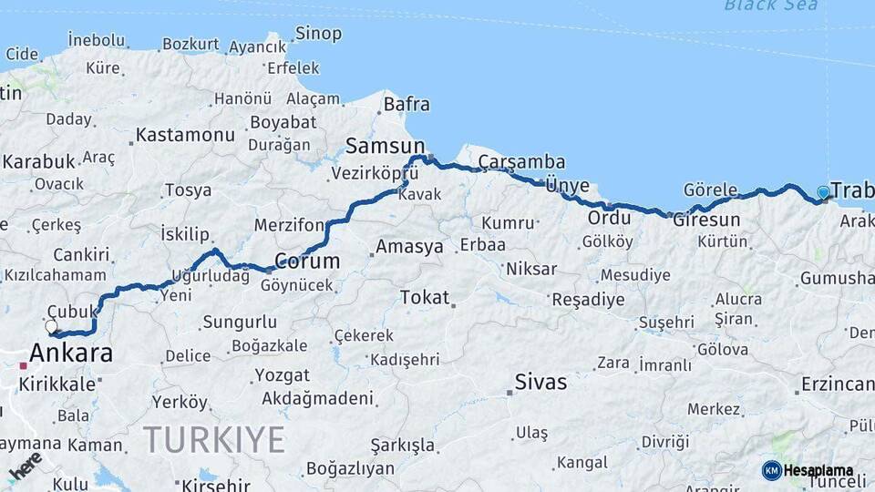 Trabzon Akyurt Ankara Arası Kaç Km - Yol Haritası