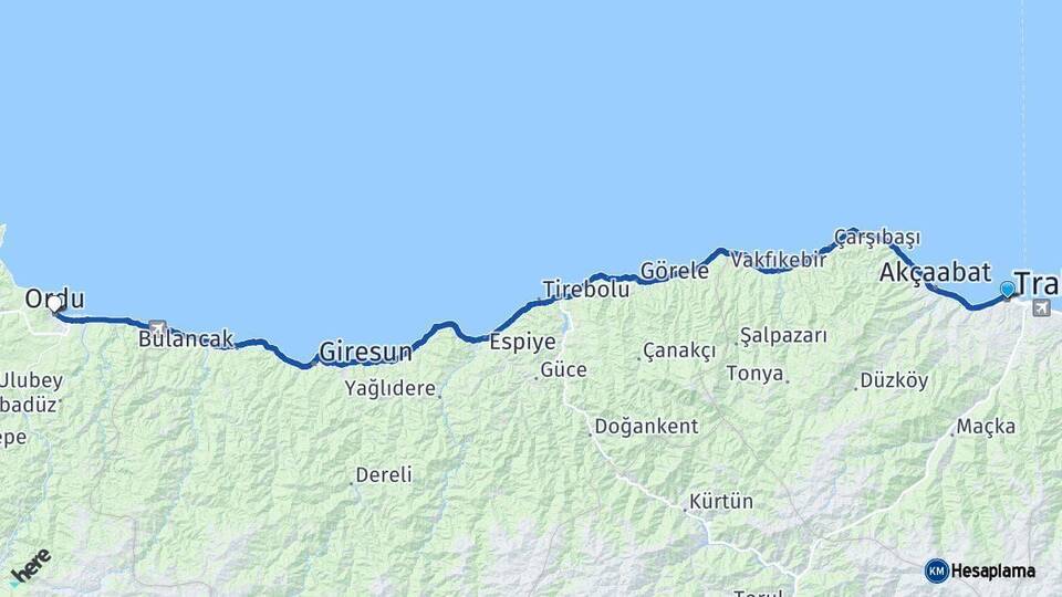 Trabzon Altınordu Arası Kaç Km - Yol Haritası