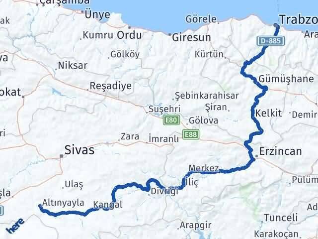 Trabzon Altınyayla Sivas Arası Kaç Km - Yol Haritası
