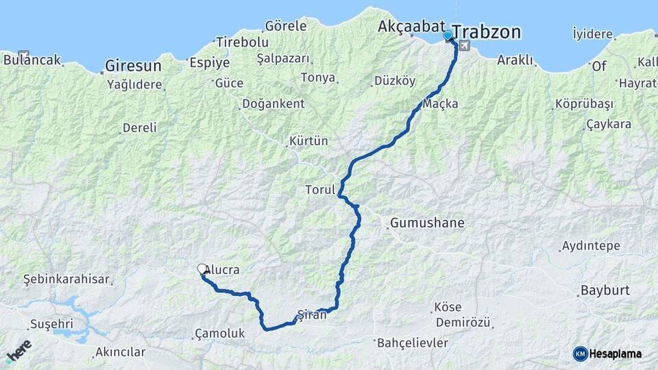 Trabzon Alucra Giresun Arası Kaç Km - Yol Haritası