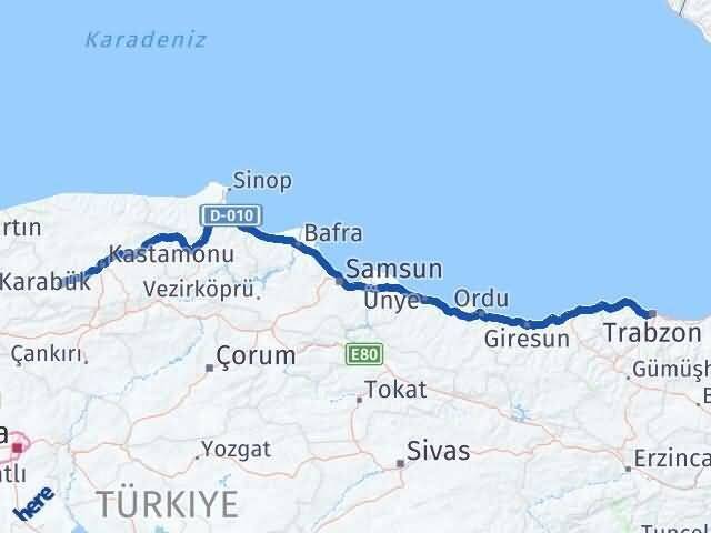 Trabzon Araç Kastamonu Arası Kaç Km - Yol Haritası