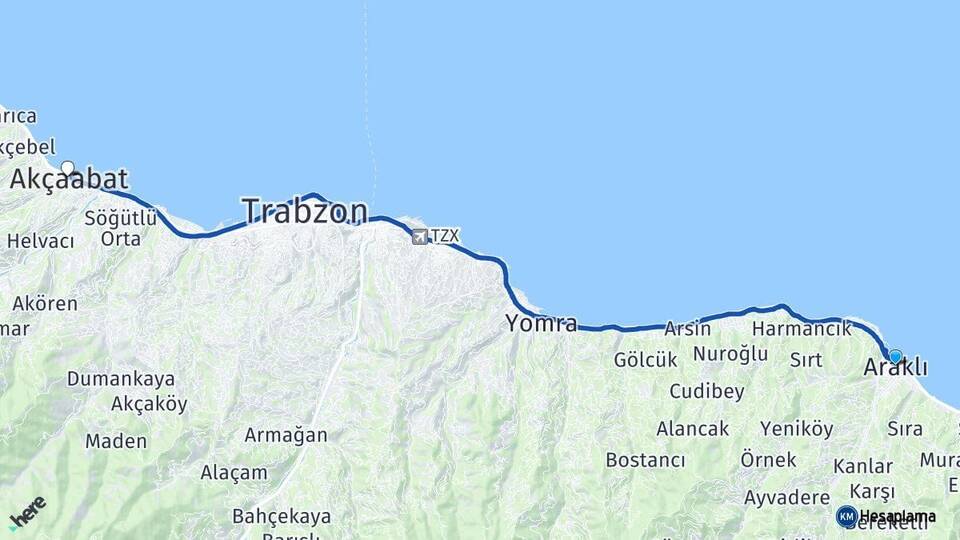 Trabzon Araklı Akçaabat Arası Kaç Km - Yol Haritası