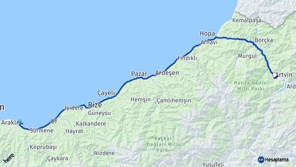Trabzon Araklı Artvin Arası Kaç Km - Yol Haritası