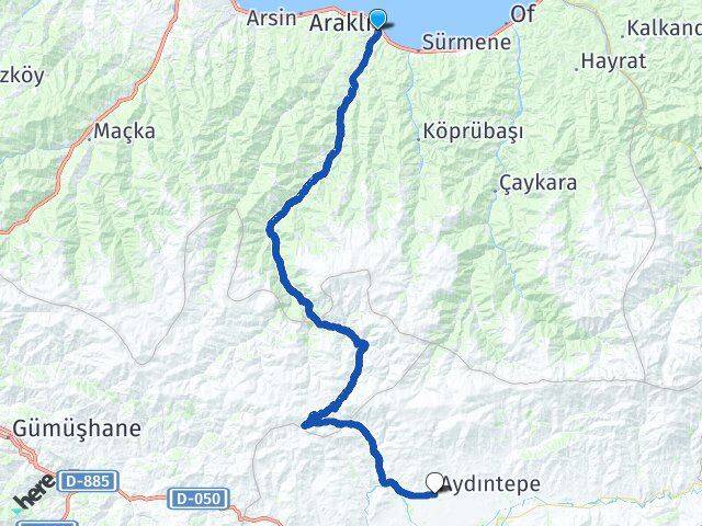 Trabzon Araklı Aydıntepe Bayburt Arası Kaç Km - Yol Haritası
