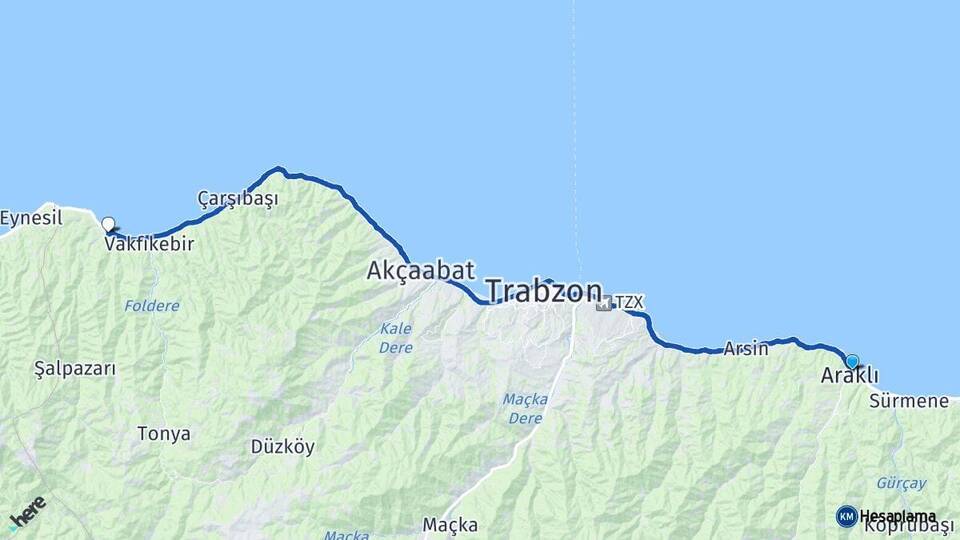 Trabzon Araklı Beşikdüzü Arası Kaç Km - Yol Haritası